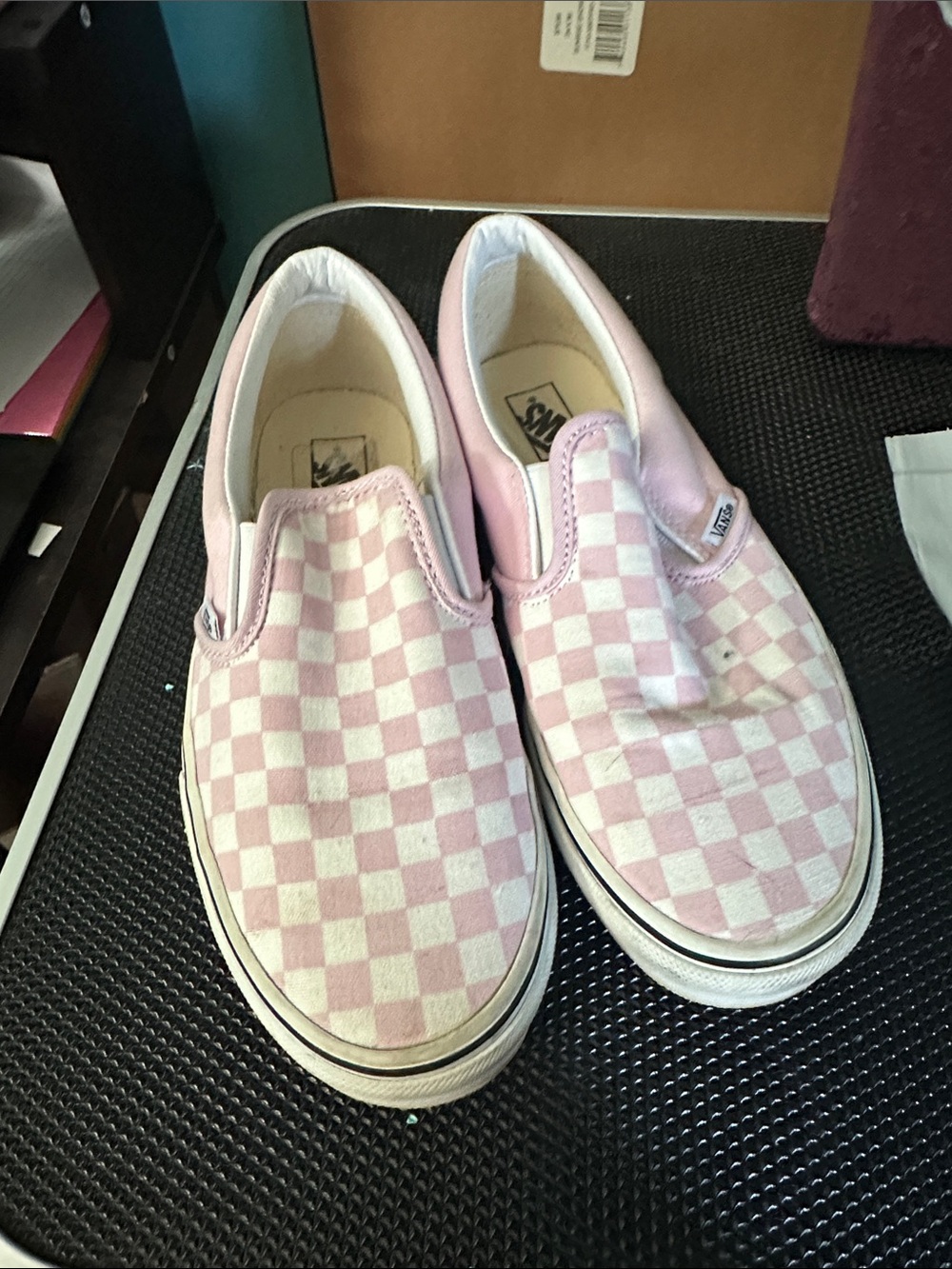 Vans Kids Slip-On Checkerboard Sneakers in Light Pink and White